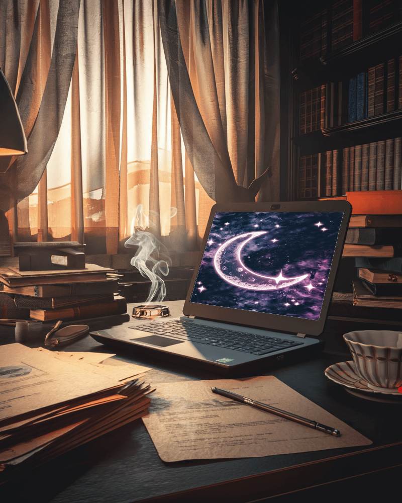 Vintage Study Laptop Mockup Warm Sunset Lighting With Antique Books And Steaming Coffee Cozy And Scholarly Ambience 095