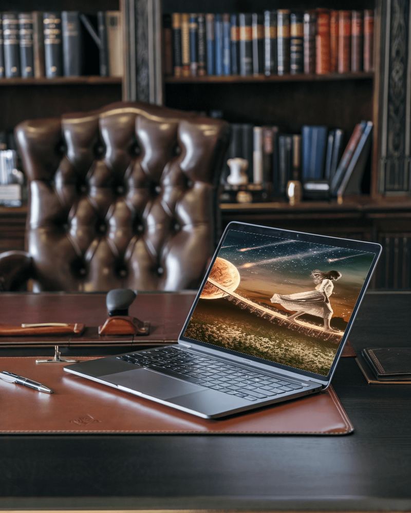 Executive Office Laptop Mockup Luxurious Leather Chair And Dark Wood Bookshelves Professional And Sophisticated 096