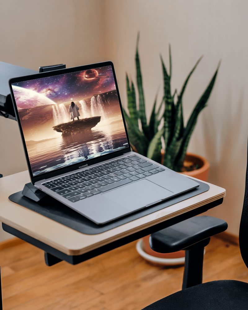 Minimalist Home Office Laptop Mockup Ergonomic Desk Setup With Modern Chair And Houseplant In Natural Light 097