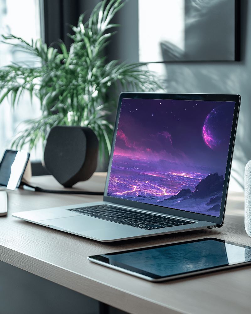 Modern Workstation Laptop Mockup With Digital Devices And Potted Plants Bright And Productive Vibe 037