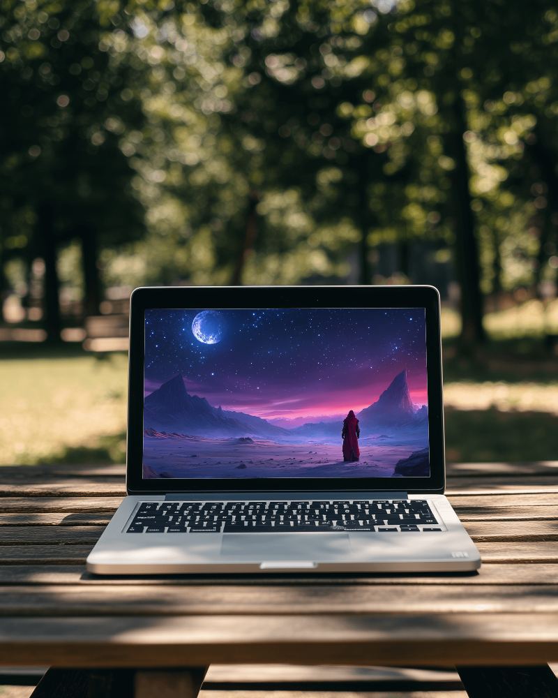 Outdoor Park Laptop Mockup Sunny Day Wooden Table Greenery Background 0101