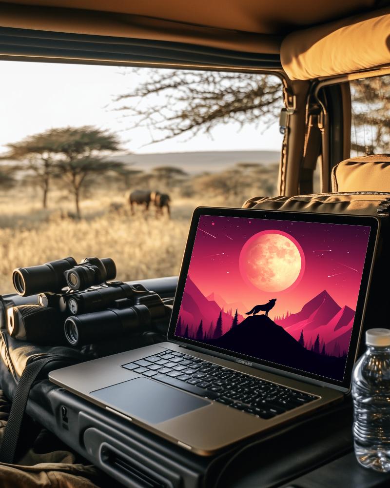 Safari Vehicle Laptop Mockup Adventurous Scenery Binoculars Savanna Elephants Background 039