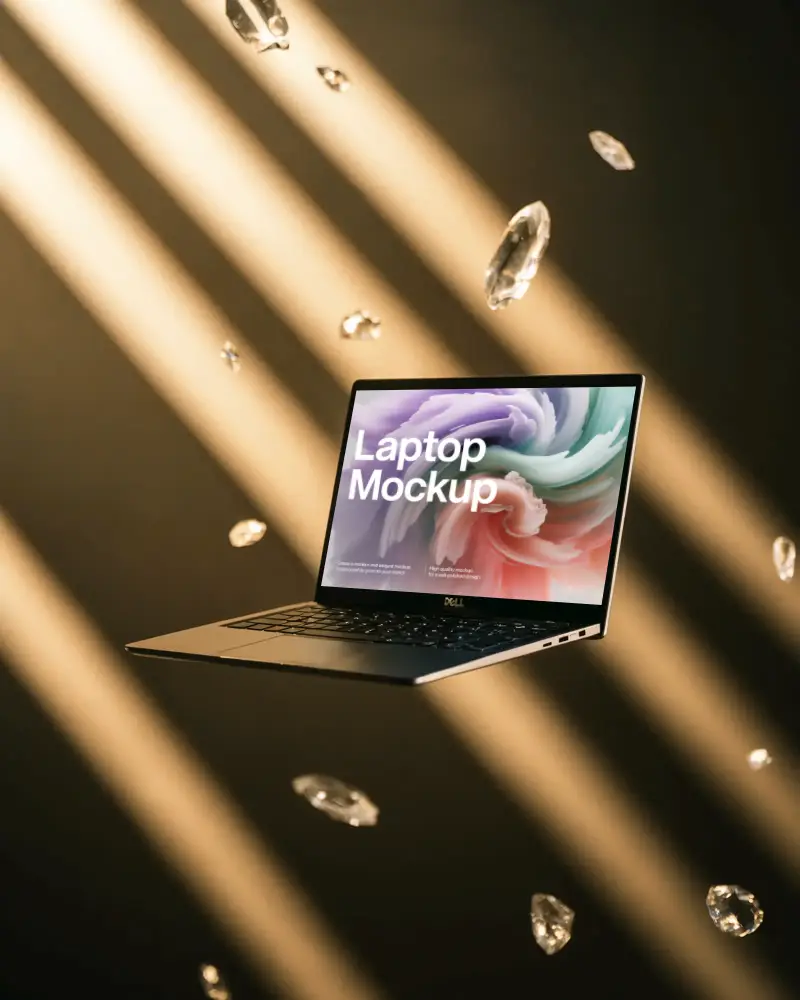 Sleek Modern Laptop Mockup On Marble Stand With Transparent Bird Decoration