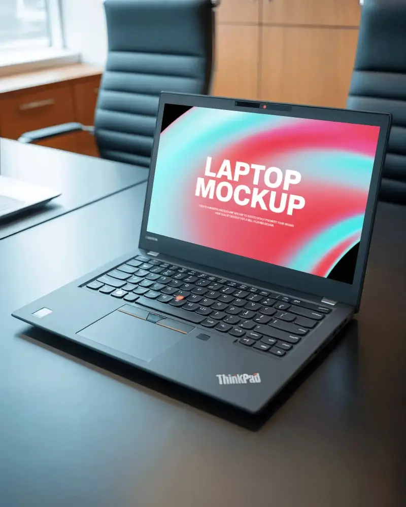Modern Office Laptop Mockup Thinkpad On Boardroom Table With Executive Chair Background