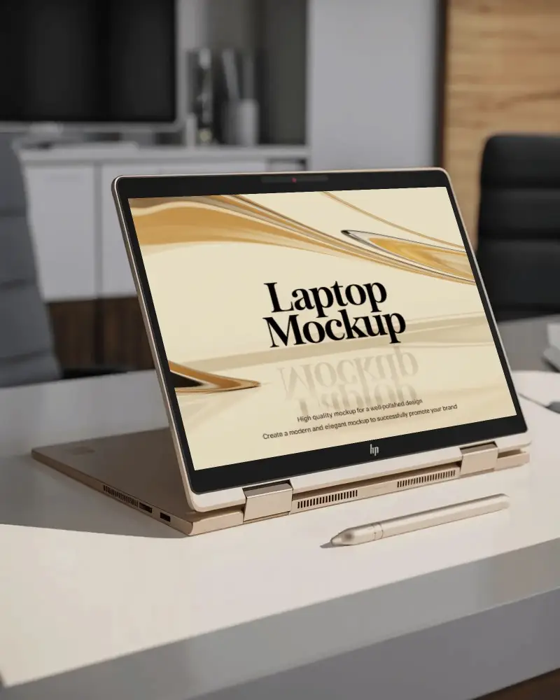 Convertible Laptop Mockup Hp Device In Tablet Mode On White Desk With Stylus In Office