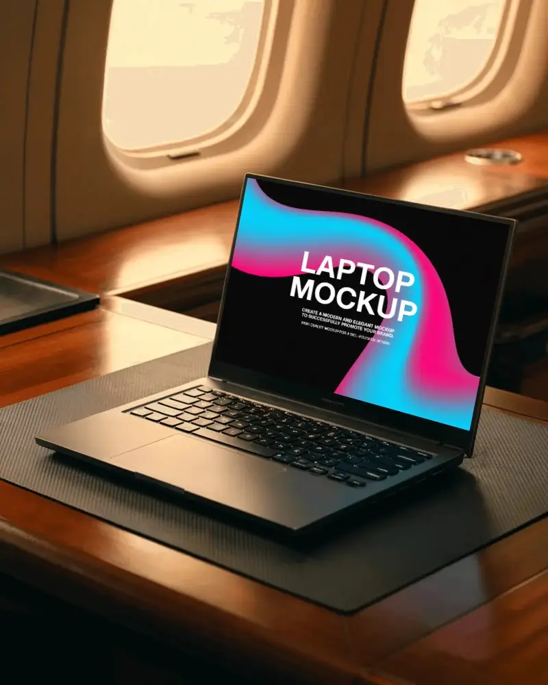 Luxury Airplane Laptop Mockup Premium Device On Wooden Table Next To Cabin Windows