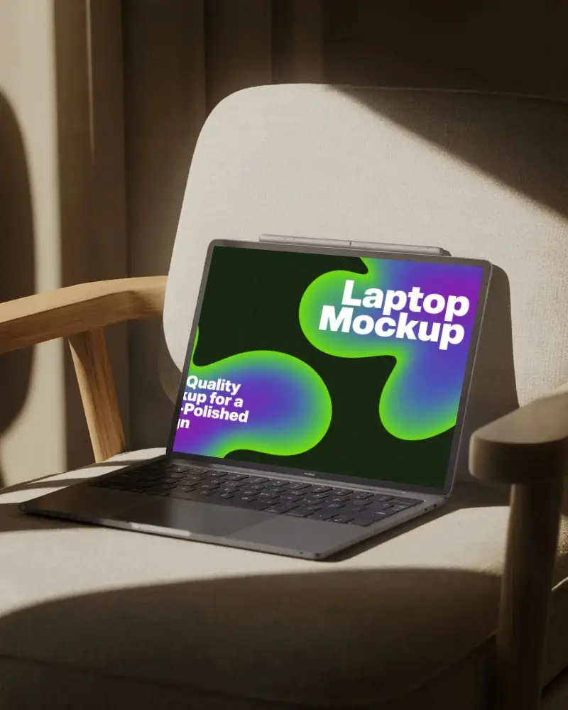 Sunlit Home Office Laptop Mockup Laptop On Minimal Fabric Chair With Wooden Armrests