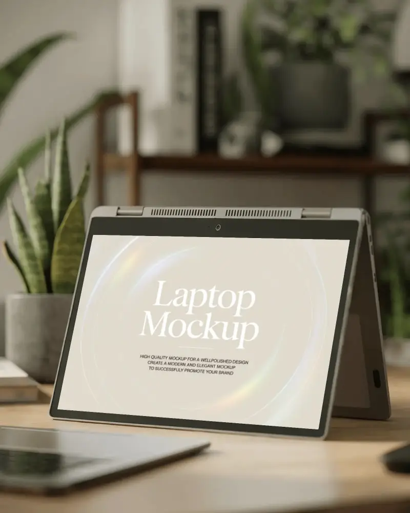 Productivity Corner Laptop Mockup Flexible Device On Desk With Books And Houseplants