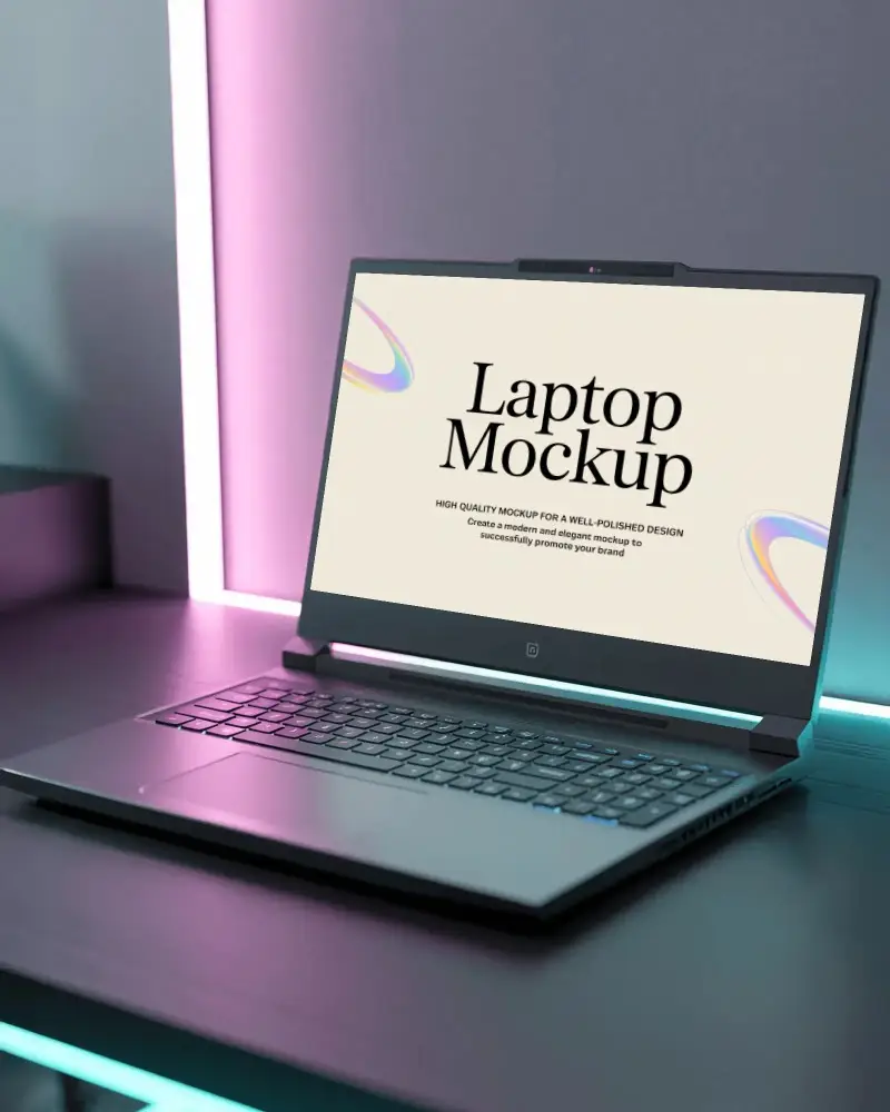Rgb Lit Gaming Laptop Mockup Modern Device On Desk With Neon Pink And Blue Backlighting