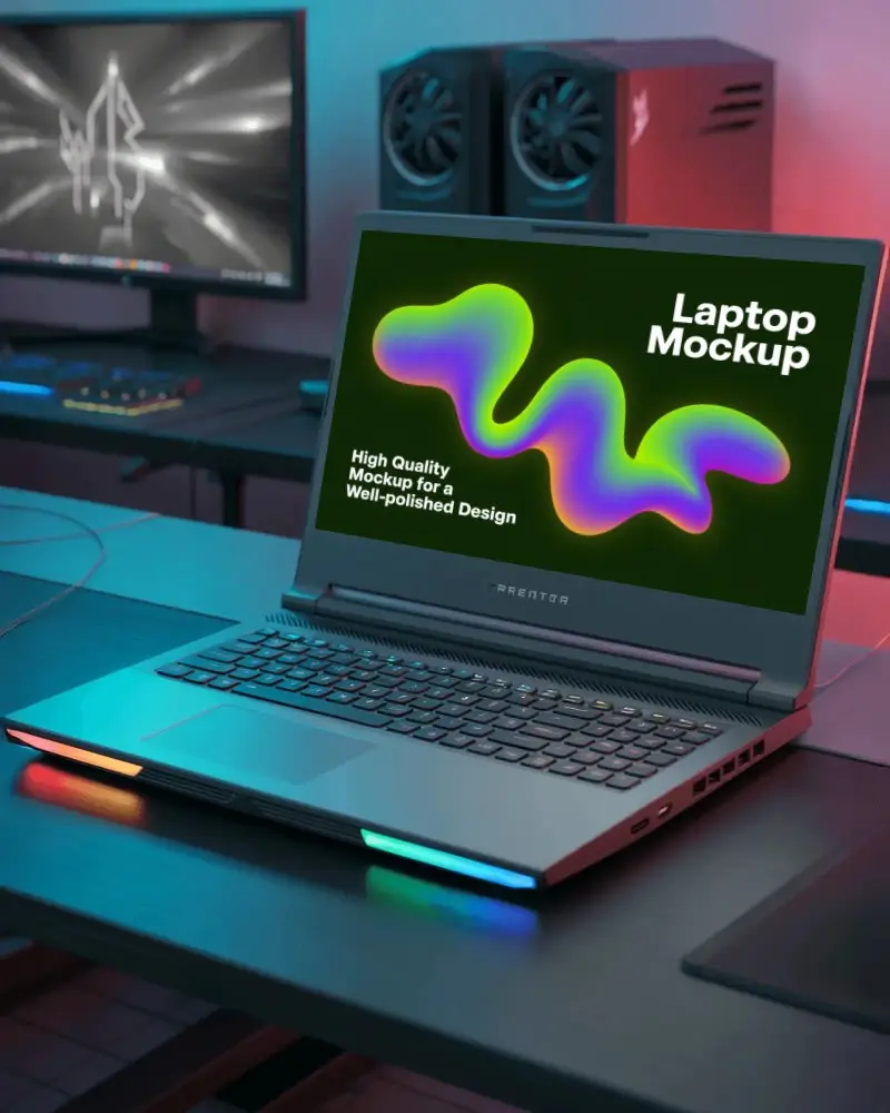 Predator Series Laptop Mockup Gaming Laptop Under Rgb Led Lights In Professional Gamer Desk