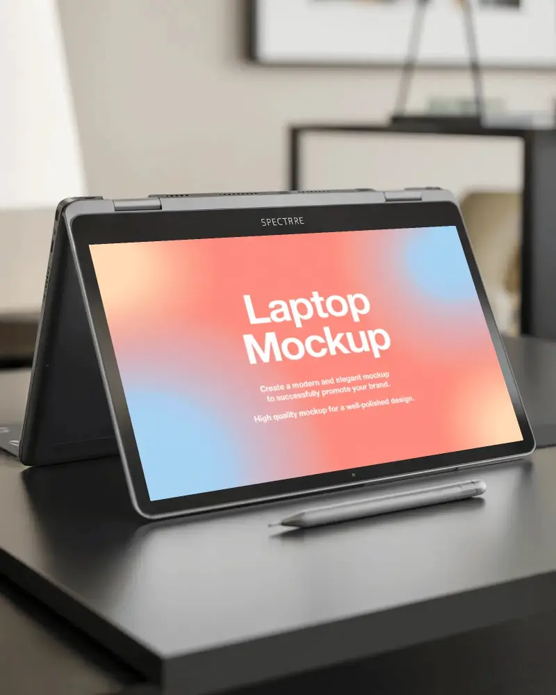 Elegant Workspace Laptop Mockup Spectre 2 In 1 Device On Clean Surface With Stylus Pen