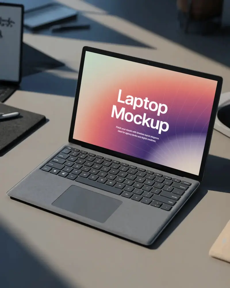 Minimalist Office Laptop Mockup Sleek Grey Device On Modern Desk In Natural Sunlight