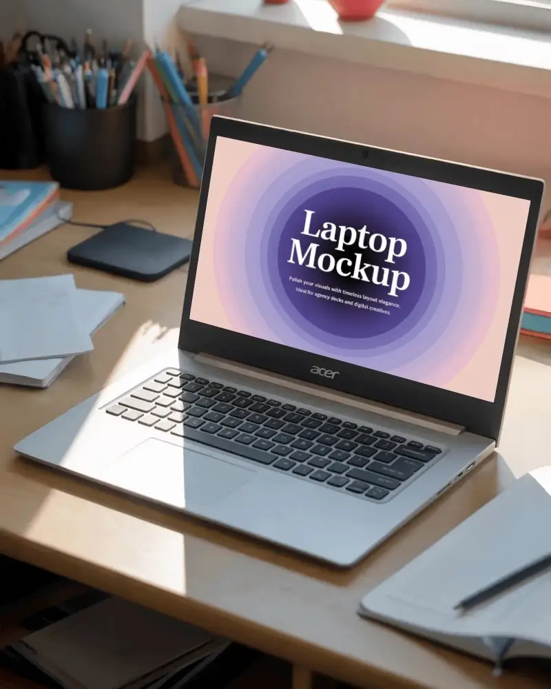 Study Desk Laptop Mockup Acer Laptop On Wooden Table Surrounded By Books And Sunlight