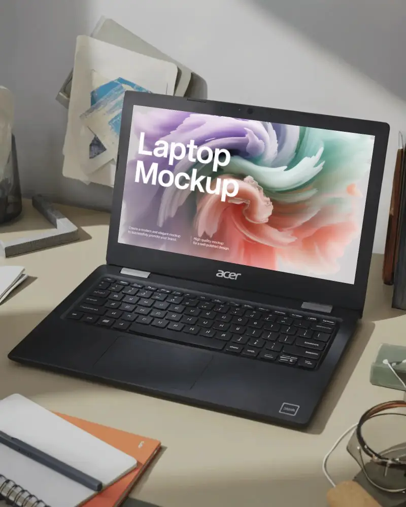 Sunlight Studio Laptop Mockup Acer Device On Warm Toned Desk With Scattered Documents