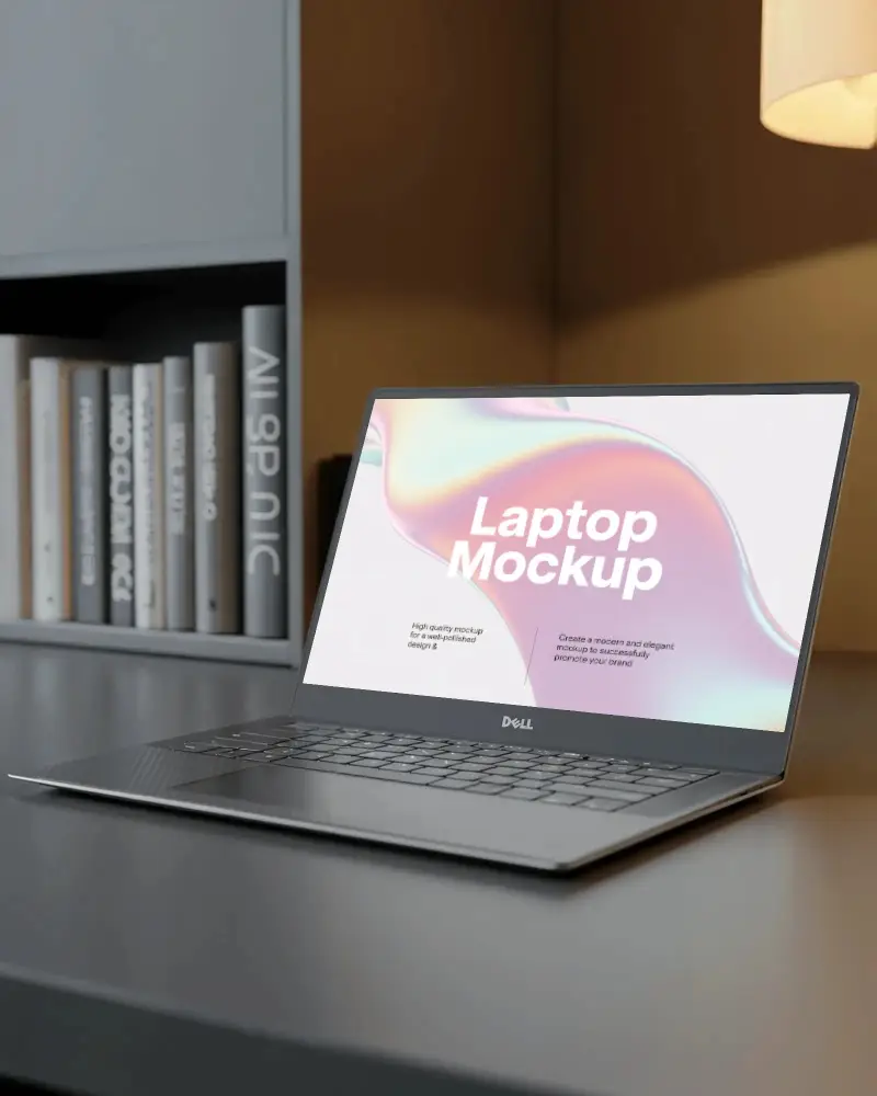 Modern Office Laptop Mockup Dell Device On Dark Desk With Bookshelf And Ambient Lamp