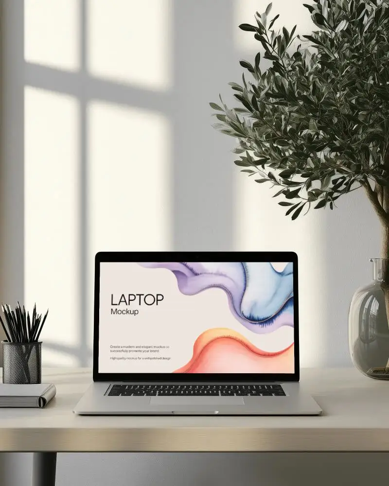 Minimalist Workspace Laptop Mockup Silver Laptop On Light Desk With Shadow And Plant
