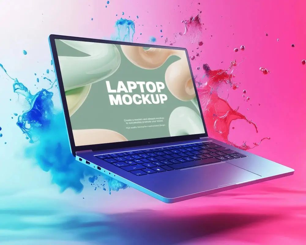 Floating Laptop Mockup Creative Splash Background With Vibrant Pink And Blue Liquid Effect