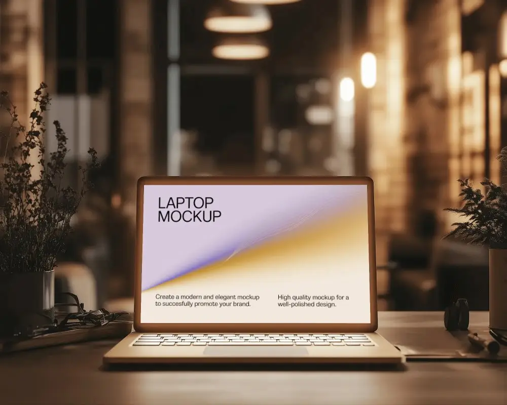 Ambient Lighting Laptop Mockup Modern Device In Relaxed Cafe Setting With Soft Glow