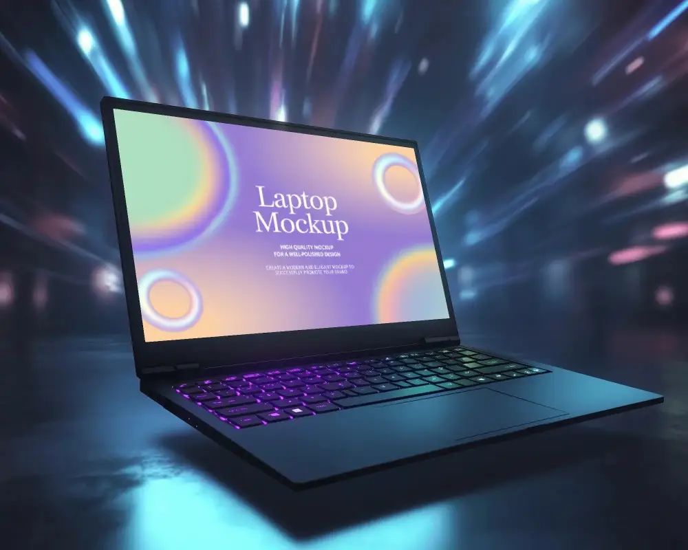 Futuristic Rgb Laptop Mockup Gaming Device With Color Keyboard Against Neon Light Streaks