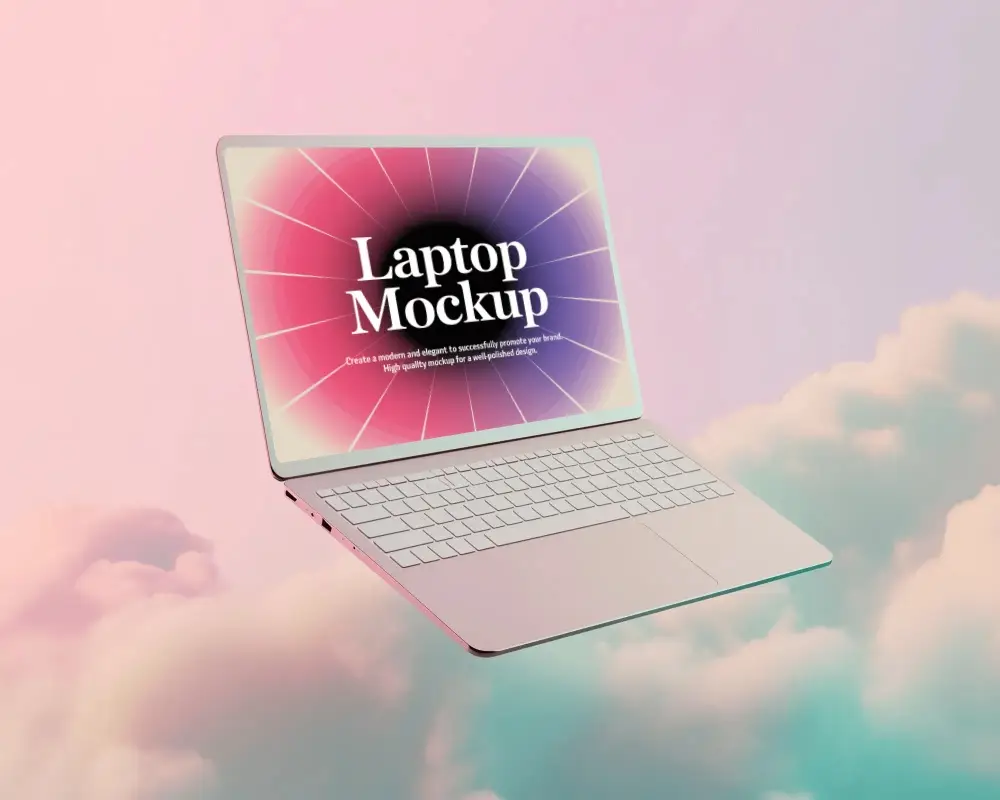 Floating Laptop Mockup Minimal Device Hovering Over Dreamy Pastel Cloud Background