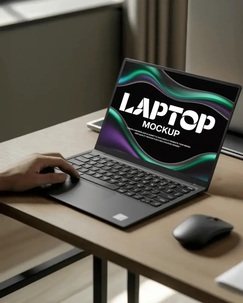 Minimal Wooden Desk Laptop Mockup Hand On Keyboard In Soft Daylight Home Office Setting