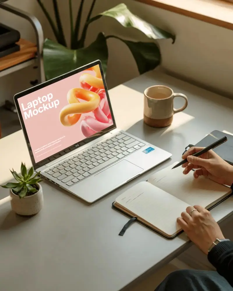 Elegant Home Desk Laptop Mockup Laptop On Light Desk With Mug Succulent And Notebook