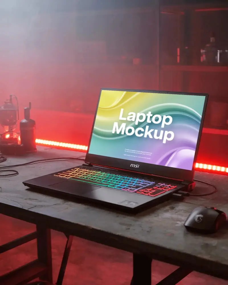 Edgy Gamer Desk Laptop Mockup Msi Laptop On Worn Surface With Rgb Glow And Backlighting