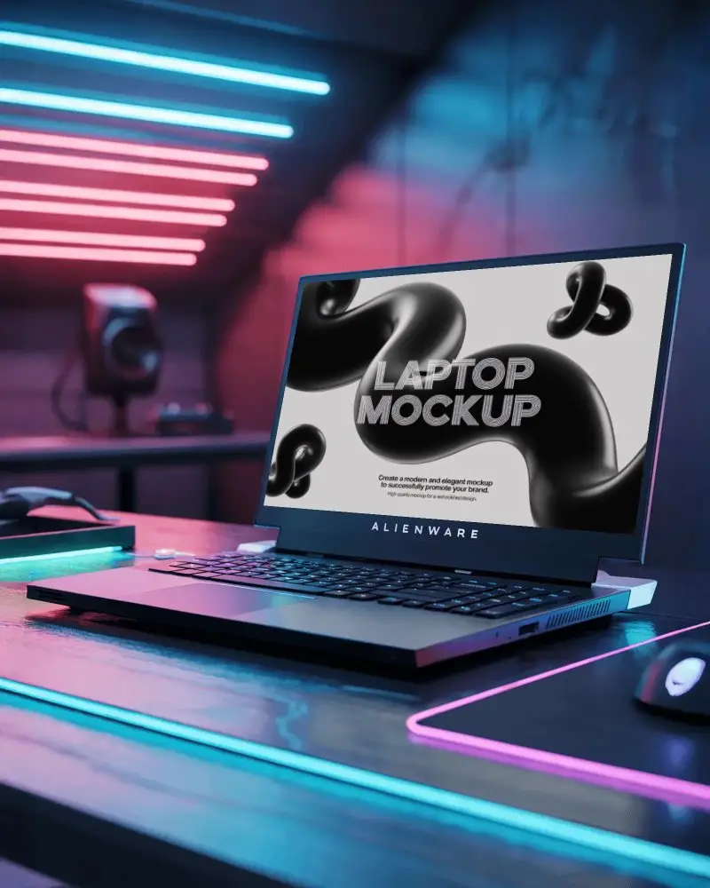 Alienware Gaming Laptop Mockup Rgb Lit Setup With Neon Lights And Futuristic Desk Design