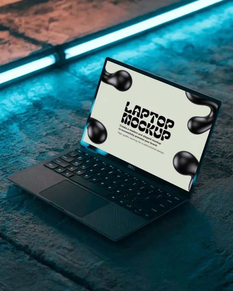 Futuristic Ambience Laptop Mockup Sleek Dell Device On Concrete Surface Under Led Glow