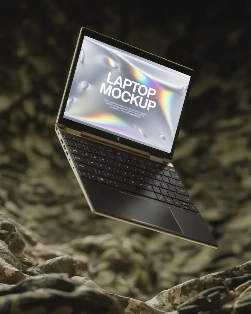 Military Inspired Laptop Mockup Hp Ultrabook In Air Over Camo Textile Surface