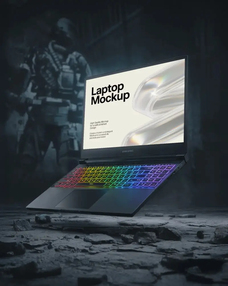 Dystopian Scene Laptop Mockup Rainbow Lit Keyboard In War Zone Themed Digital Setting