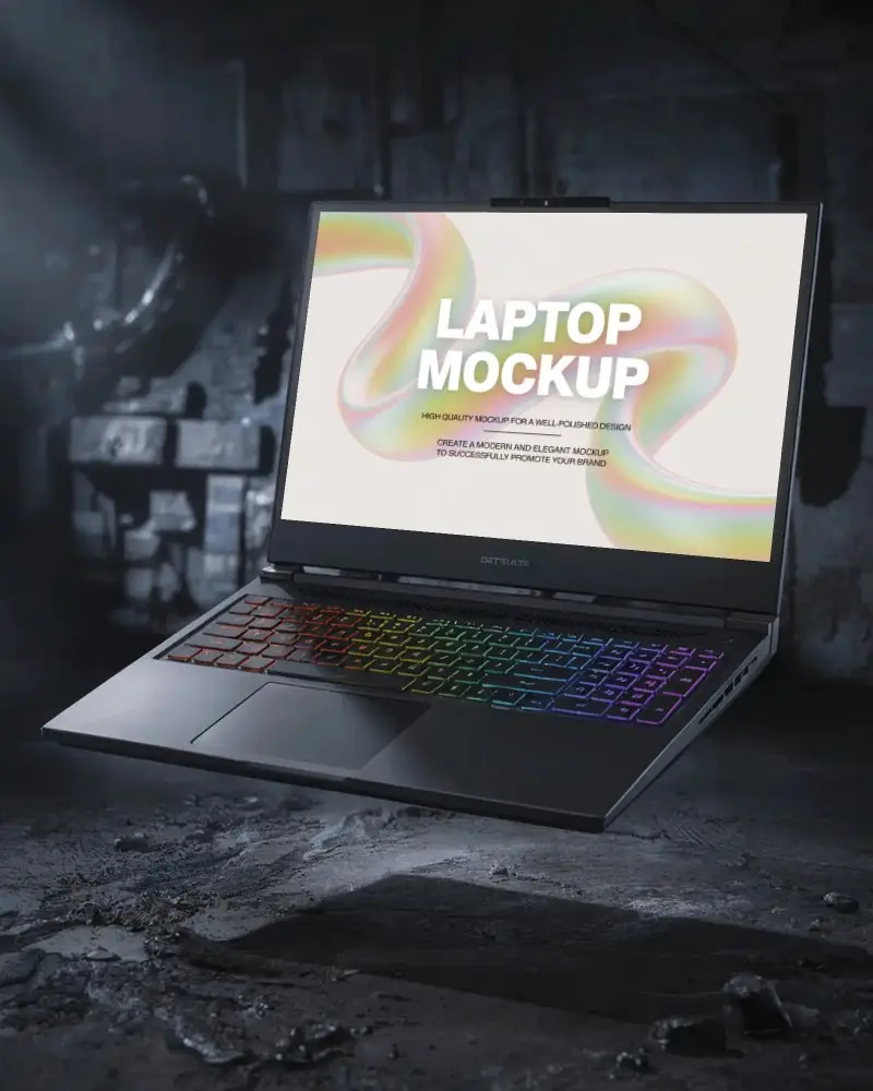 Grunge Scene Laptop Mockup Floating Gaming Device In Mechanical Factory Light Setup