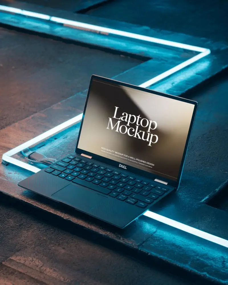 futuristic-dell-laptop-mockup-tech-device-on-dark-textured-surface-with-angled-neon
