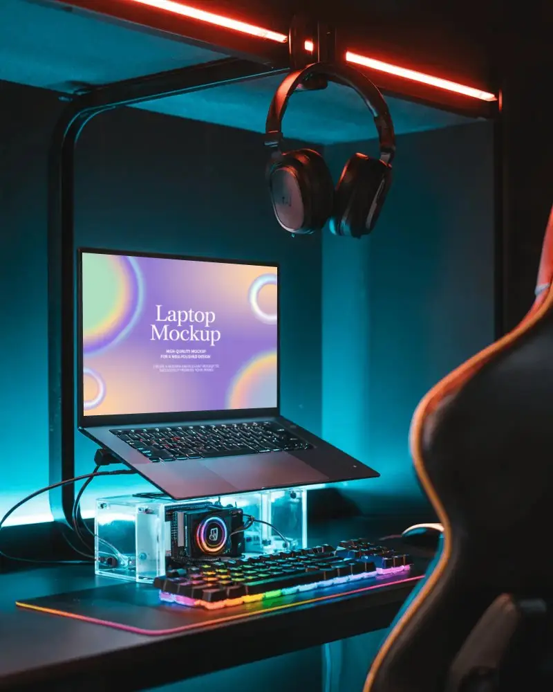 neon-lit-gaming-setup-laptop-mockup-on-stand-with-rgb-keyboard-and-modern-headset-display