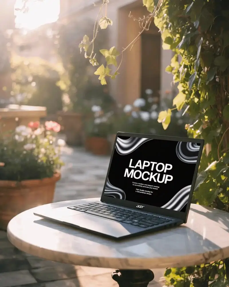 sun-kissed-garden-acer-laptop-mockup-on-marble-table-amidst-greenery-and-floral-decor