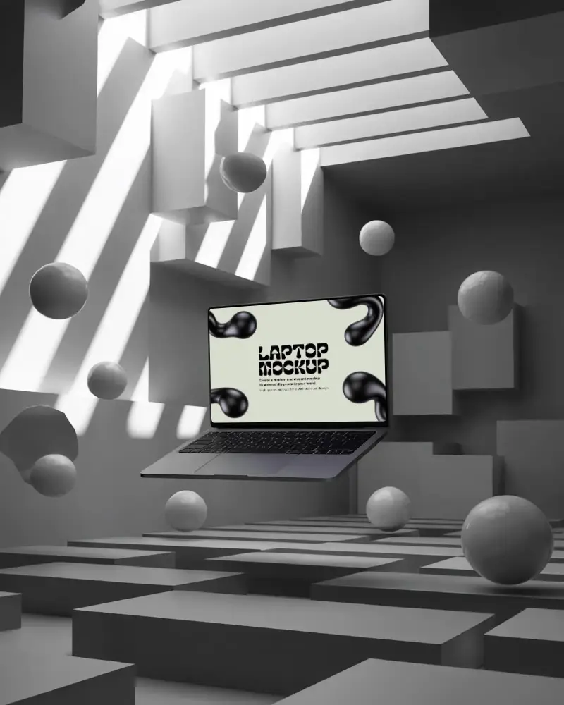 modern-laptop-mockup-with-floating-effect-in-surreal-geometric-3d-space-for-tech-showcase