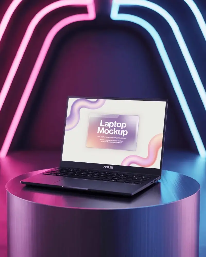High Resolution Laptop Mockup Display With Keyboard And Large Screen On Round Podium