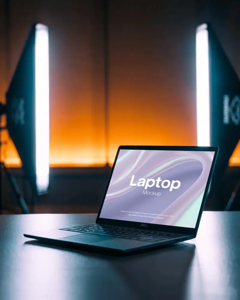 Professional Open Dell Laptop Mockup On Table With Studio Lighting Background For Web Design