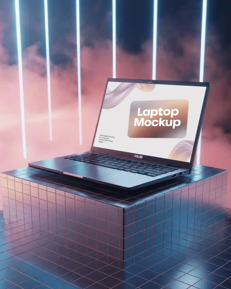 Asus Laptop Mockup On Geometric Platform With Glowing Lights And Futuristic Background