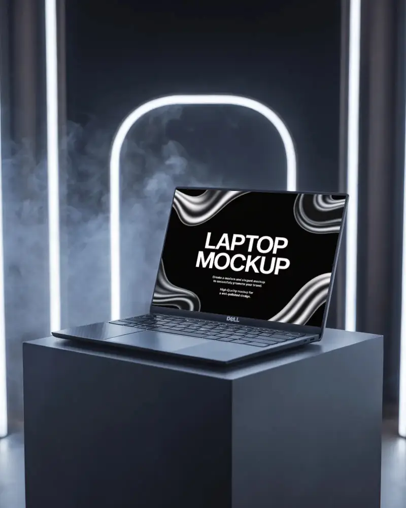 Monochrome Archway Dell Laptop Mockup On Matte Pedestal With White Neon Fog