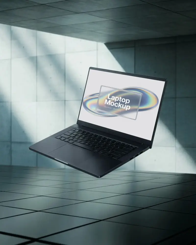 High Resolution Razer Laptop Mockup With Open Screen On Tiled Surface