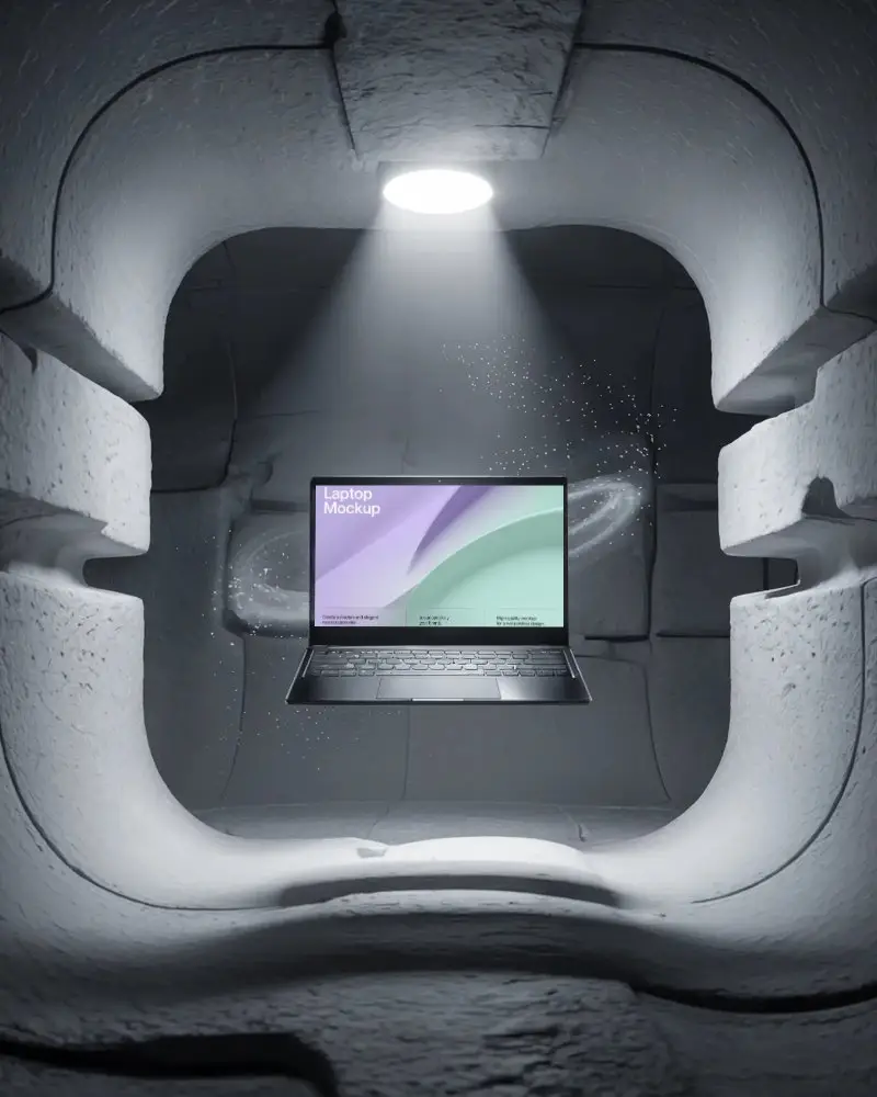 High Tech Laptop Mockup With Virtual Galaxy And Modern Ambient Dark Cave Design