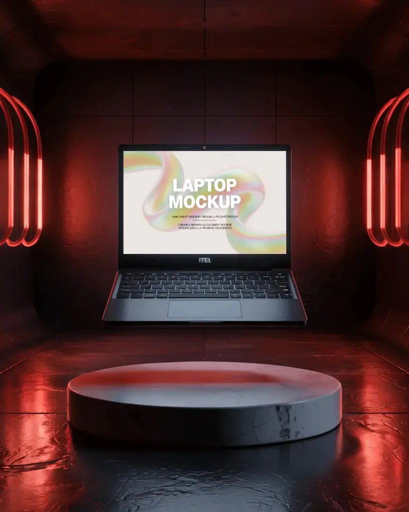 Futuristic Floating Fullscreen Itel Laptop Mockup Display On Modern Glossy Platform Background