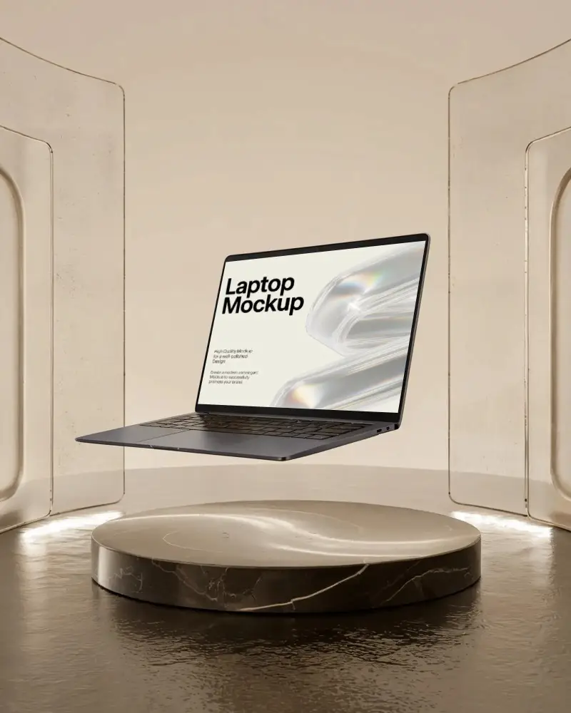 High Resolution Minimalist Laptop Mockup Floating Marble Podium In Studio Background