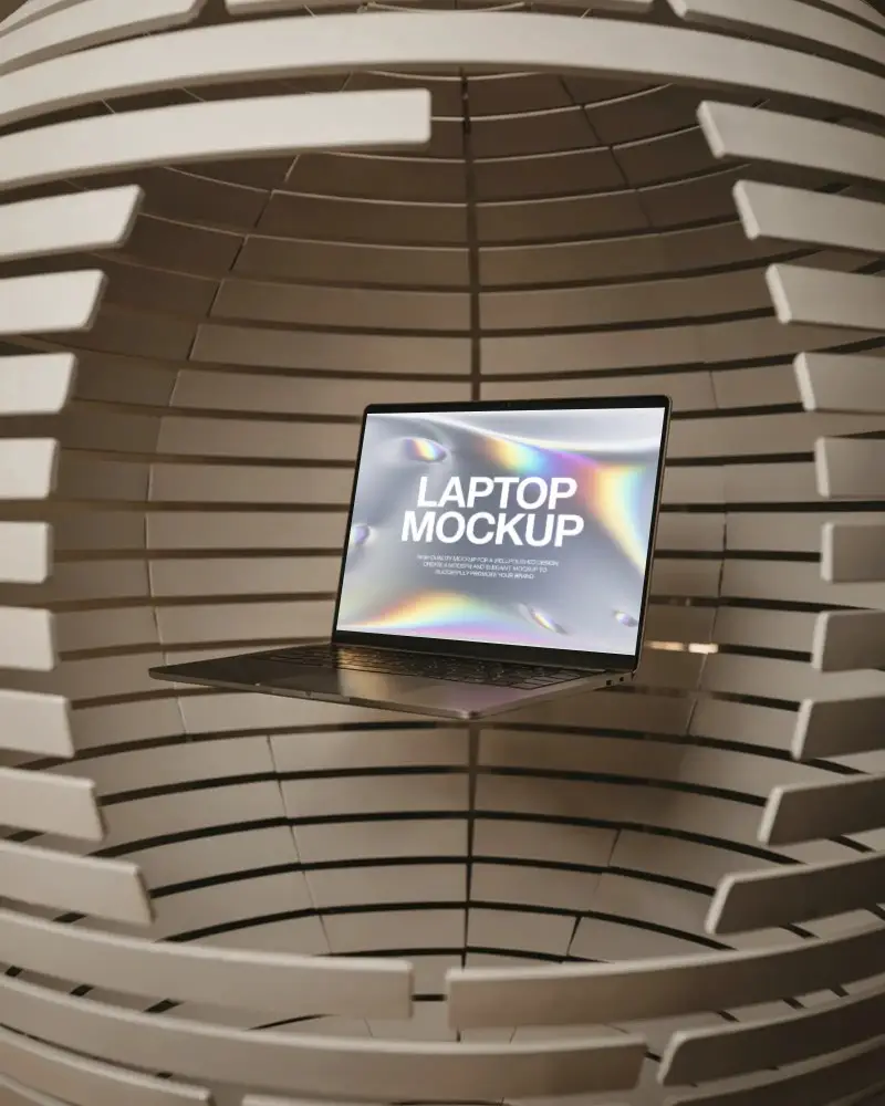Futuristic Pod Laptop Mockup Floating Mid Air Inside White Spherical Modern Cage Setup