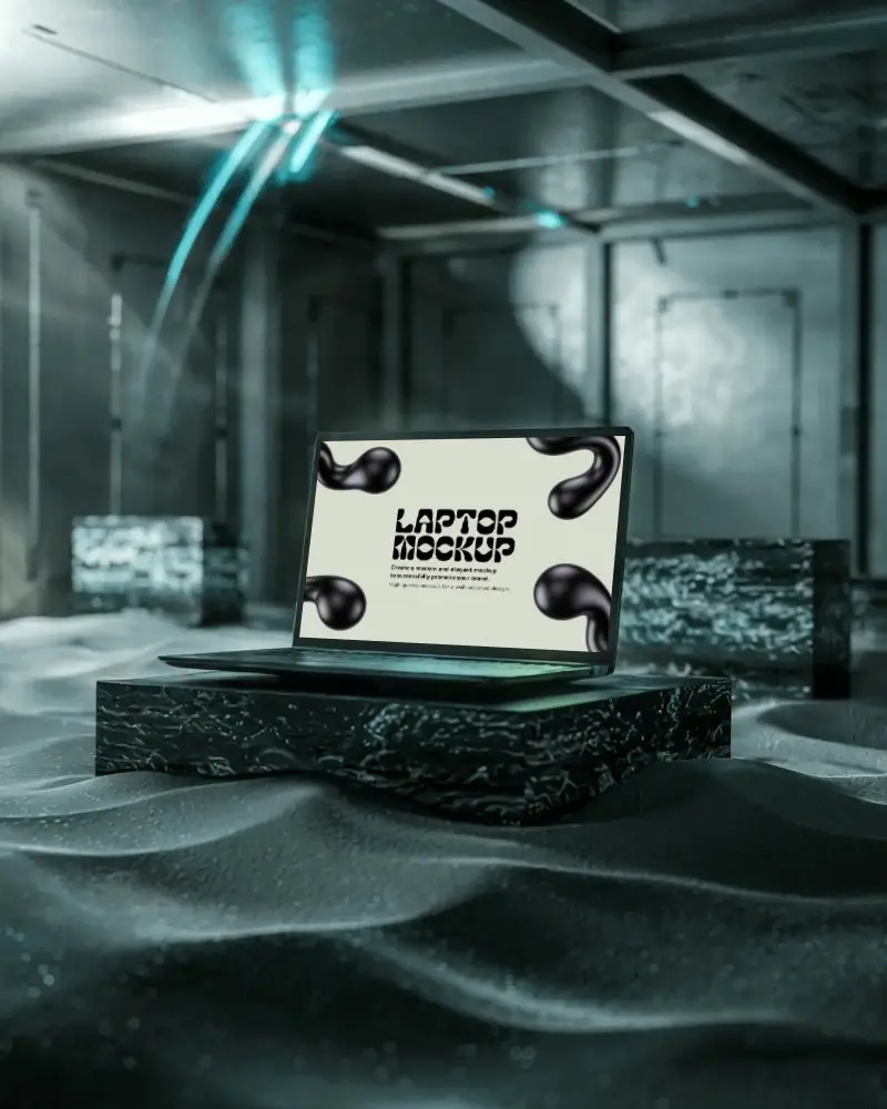 Cyberpunk Laptop Mockup Dark Room Glowing Blue Lights Marble Platform Surreal Sand Floor