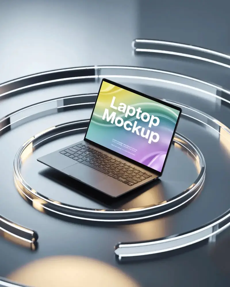 Sleek Laptop Mockup Glowing Spiral Light Rings On Reflective Floor Modern Tech Showcase