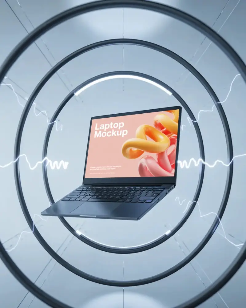 Futuristic Laptop Mockup Floating In Circular Energy Field With Light Beams Sci Fi Theme