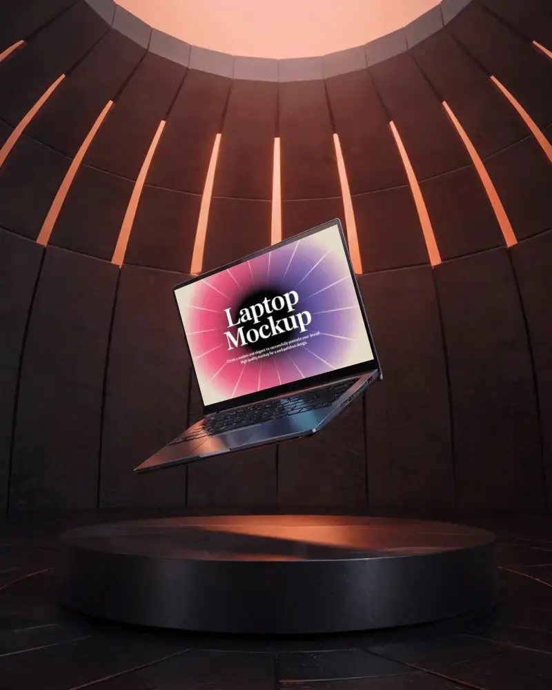 Floating Laptop Mockup In Sci Fi Red Chamber On Dark Circular Podium Under