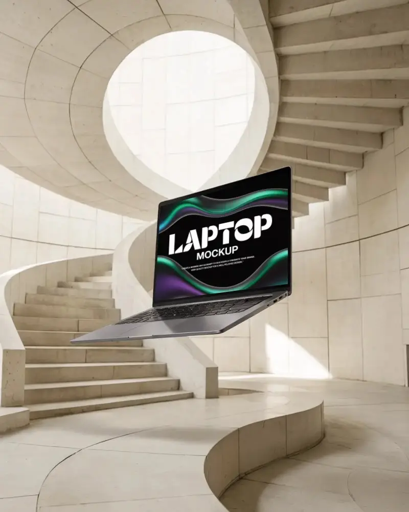 Minimalist Architecture Laptop Mockup Floating In Front Of Modern Curved Staircase